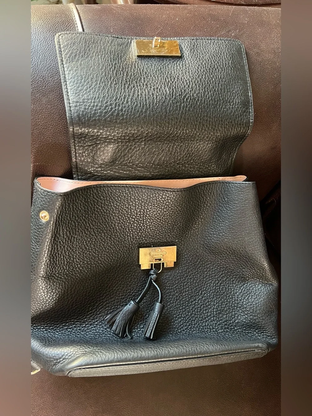 Kate Spade Black Pebbled Leather Medium Flap Tassel Backpack Top Handle